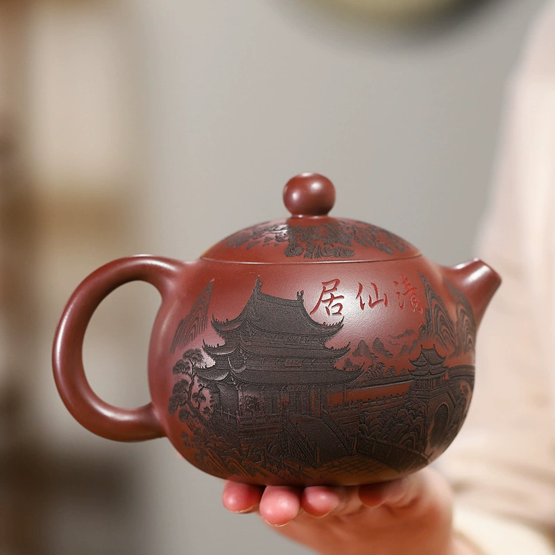 Handcrafted Large Xishi Zisha Teapot Qingshanju Engraved Design - Image 5