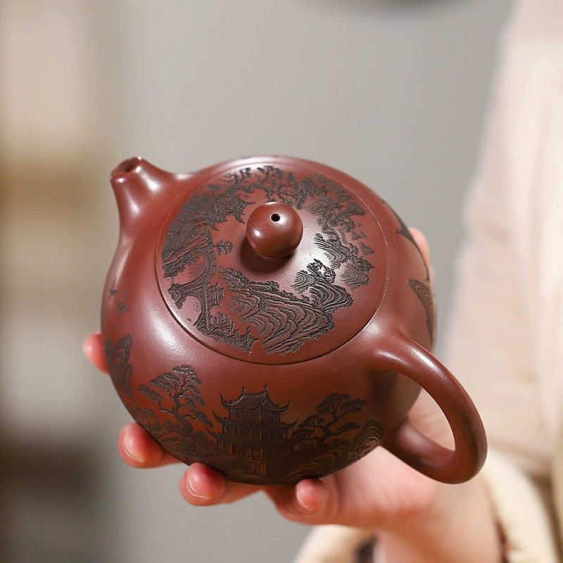 Handcrafted Large Xishi Zisha Teapot Qingshanju Engraved Design - Image 4