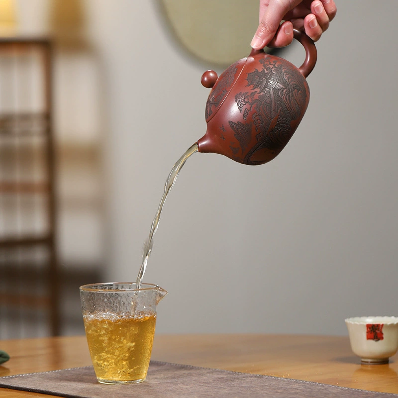 Handcrafted Large Xishi Zisha Teapot Qingshanju Engraved Design - Image 3