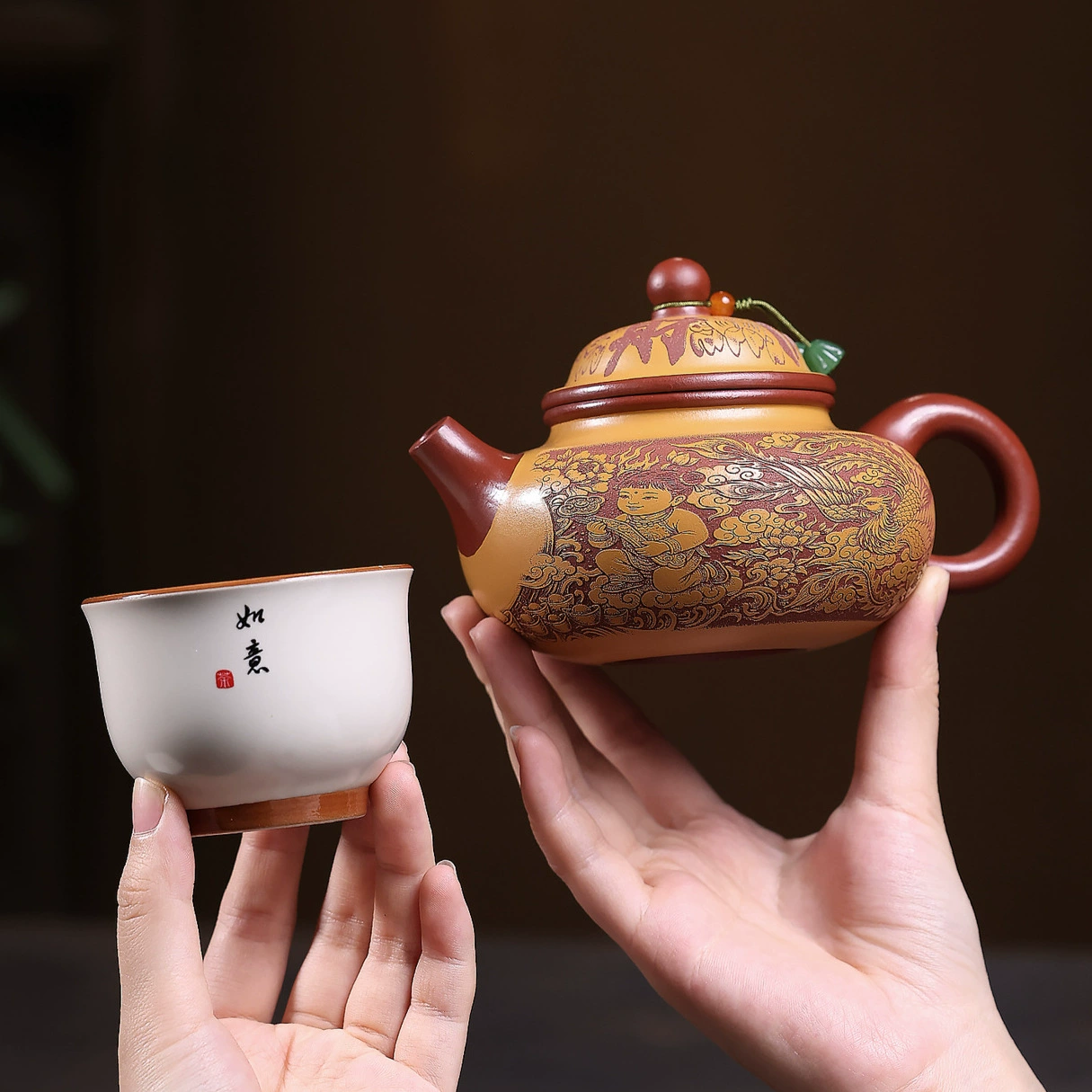 Vintage Dual Tone Sculpted Golden Child Rong Tian Zisha Teapot - Image 5