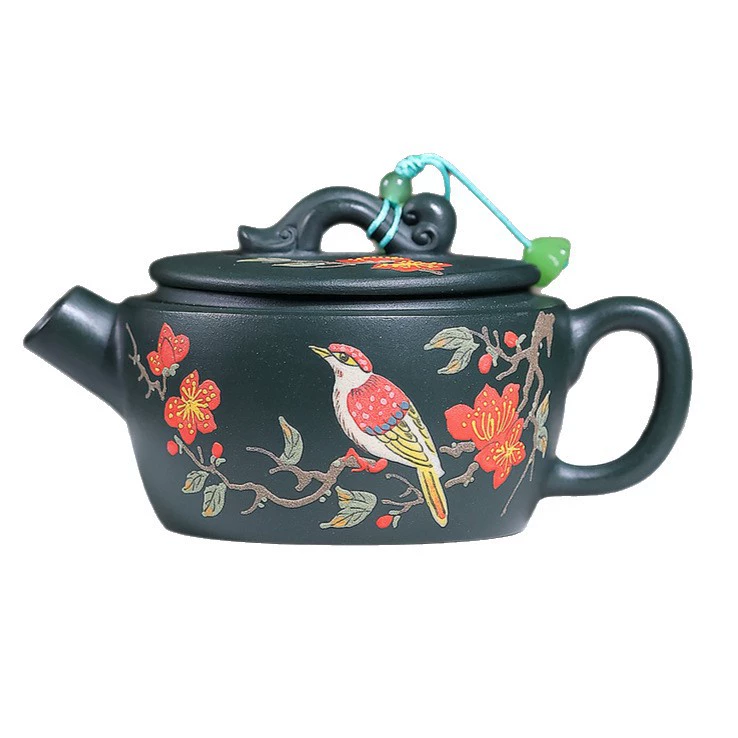 Chinese Tea Kettles Exquisite Flower Bird Carved Han Wa - Image 2