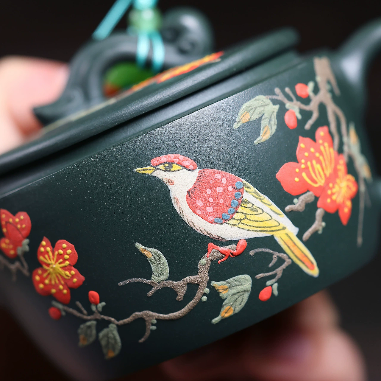 Chinese Tea Kettles Exquisite Flower Bird Carved Han Wa - Image 5