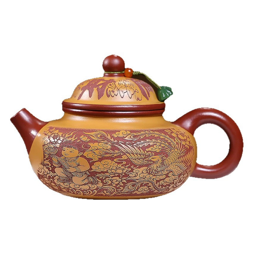 Vintage Dual Tone Sculpted Golden Child Rong Tian Zisha Teapot - Image 2