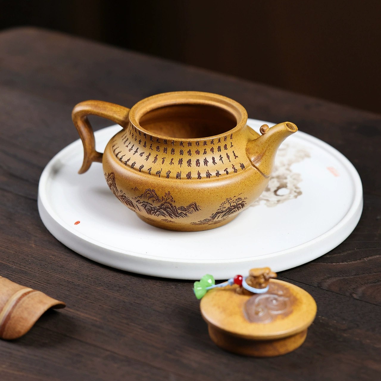 Handmade Phoenix Singing Over Landscape Large Capacity Zisha Teapot - Image 4
