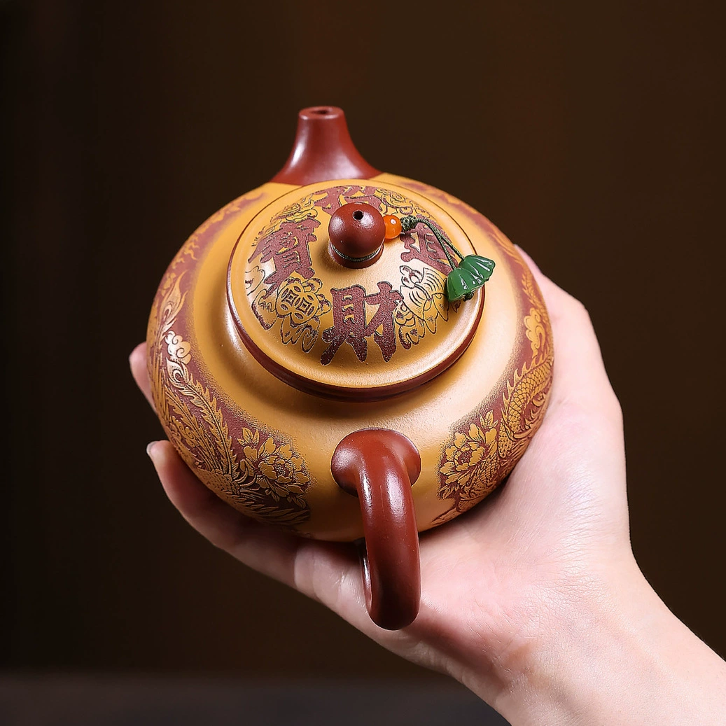 Vintage Dual Tone Sculpted Golden Child Rong Tian Zisha Teapot - Image 4