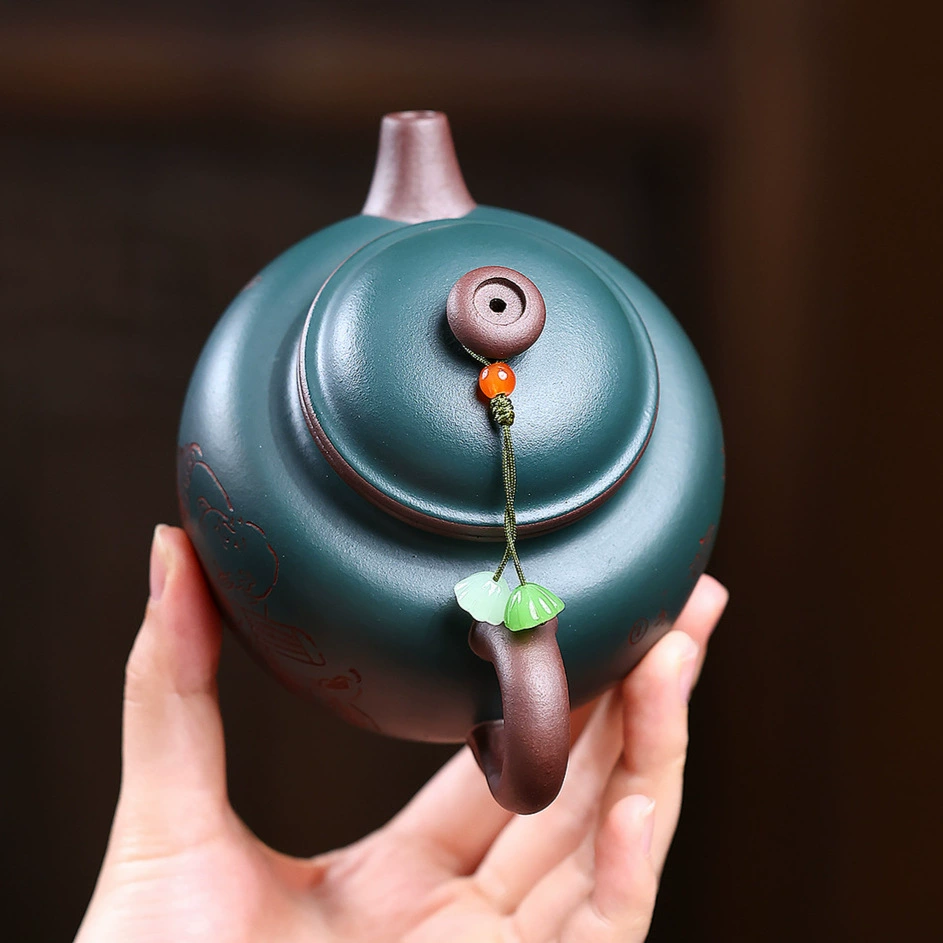 Two-tone Bamboo Hat Shaped Handcrafted Home Clay Teapot - Image 4