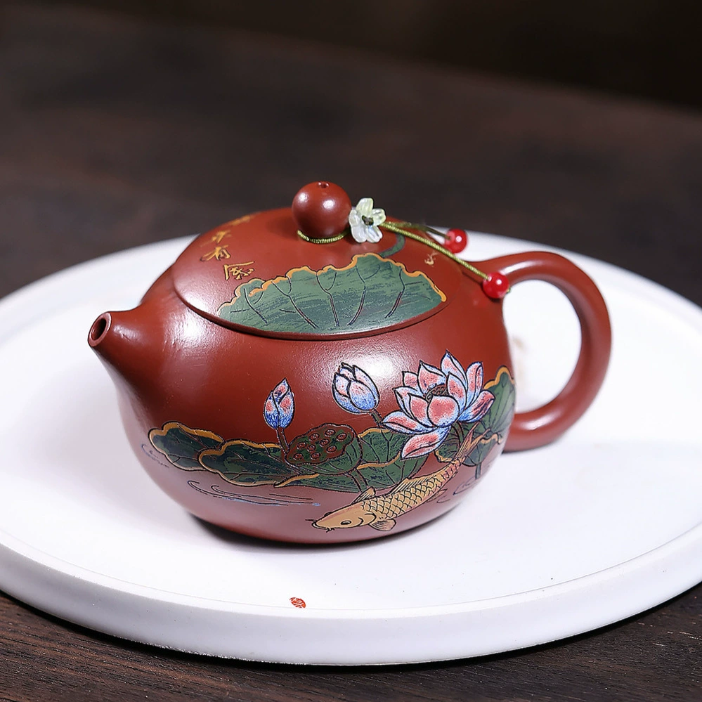 Handmade Color Carved Lotus Xishi Zisha Teapot - Image 5