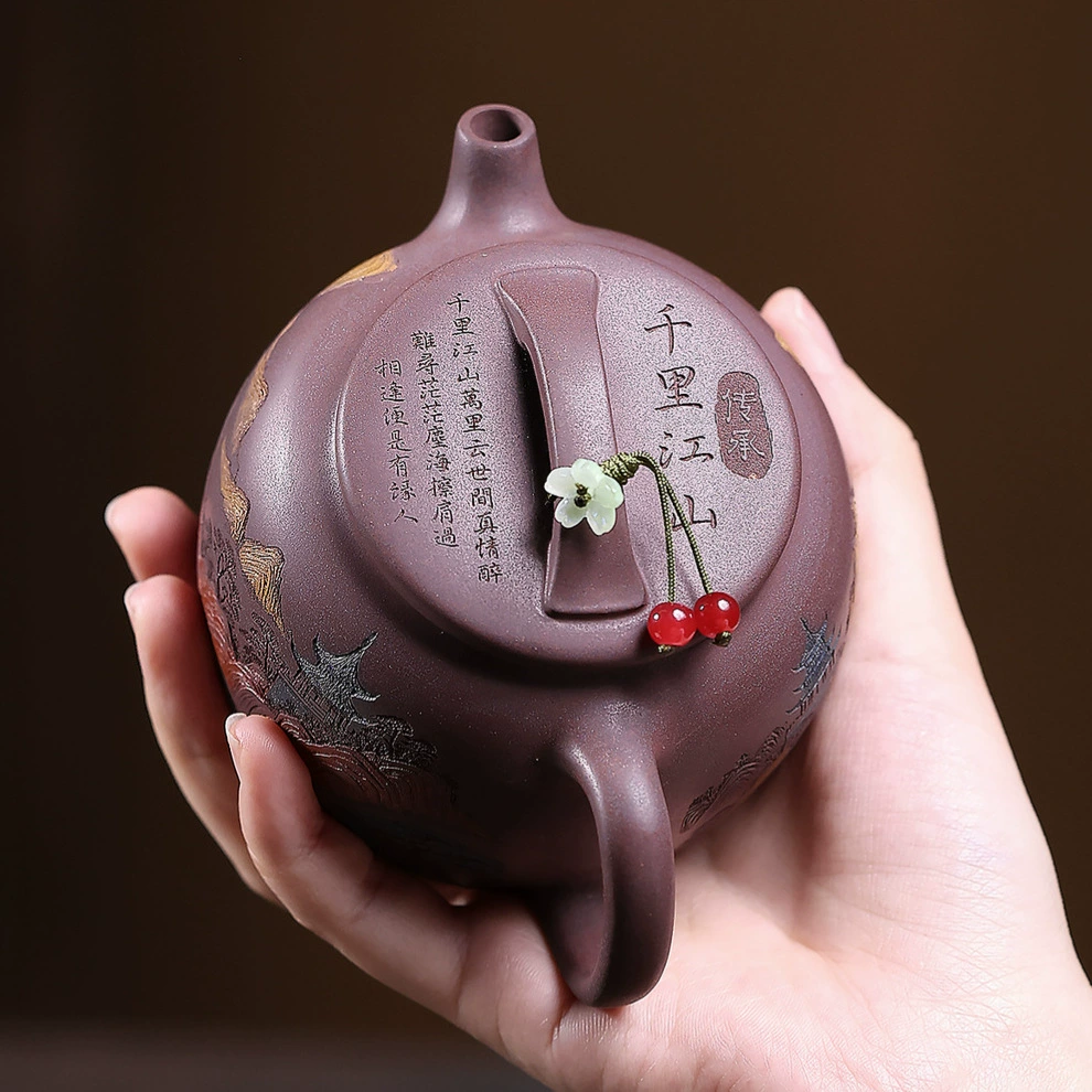 Round Tile Zisha Teapot with Color Landscape Engraving Handmade - Image 4