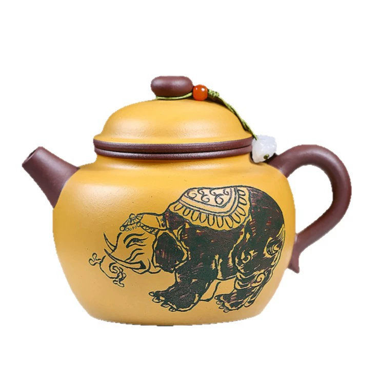 Two-tone Auspicious Ruyi Zisha Teapot Semi-handmade Elephant Carving - Image 2