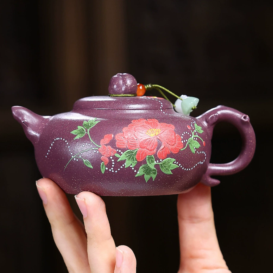 Handmade Peony Decorated Flat Persimmon Yixing Teapot - Image 5