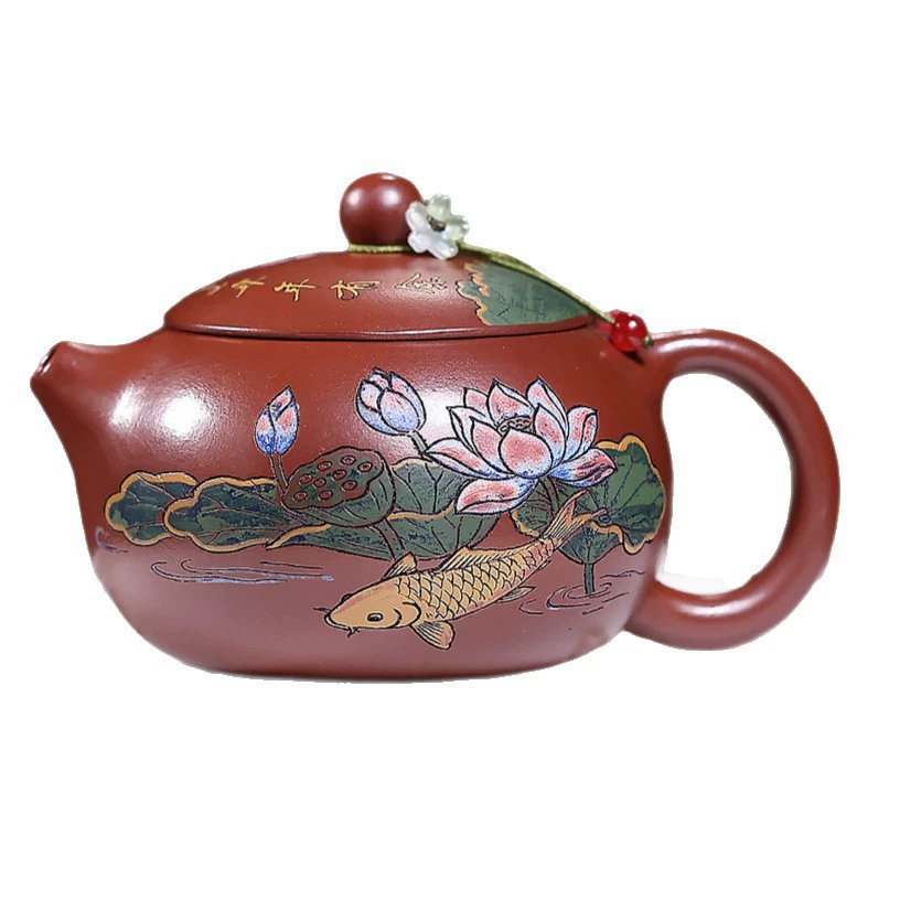 Handmade Color Carved Lotus Xishi Zisha Teapot - Image 2