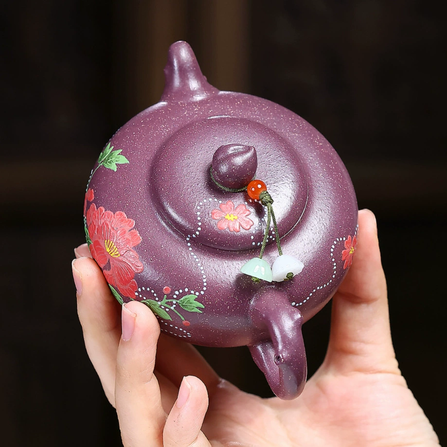 Handmade Peony Decorated Flat Persimmon Yixing Teapot - Image 4