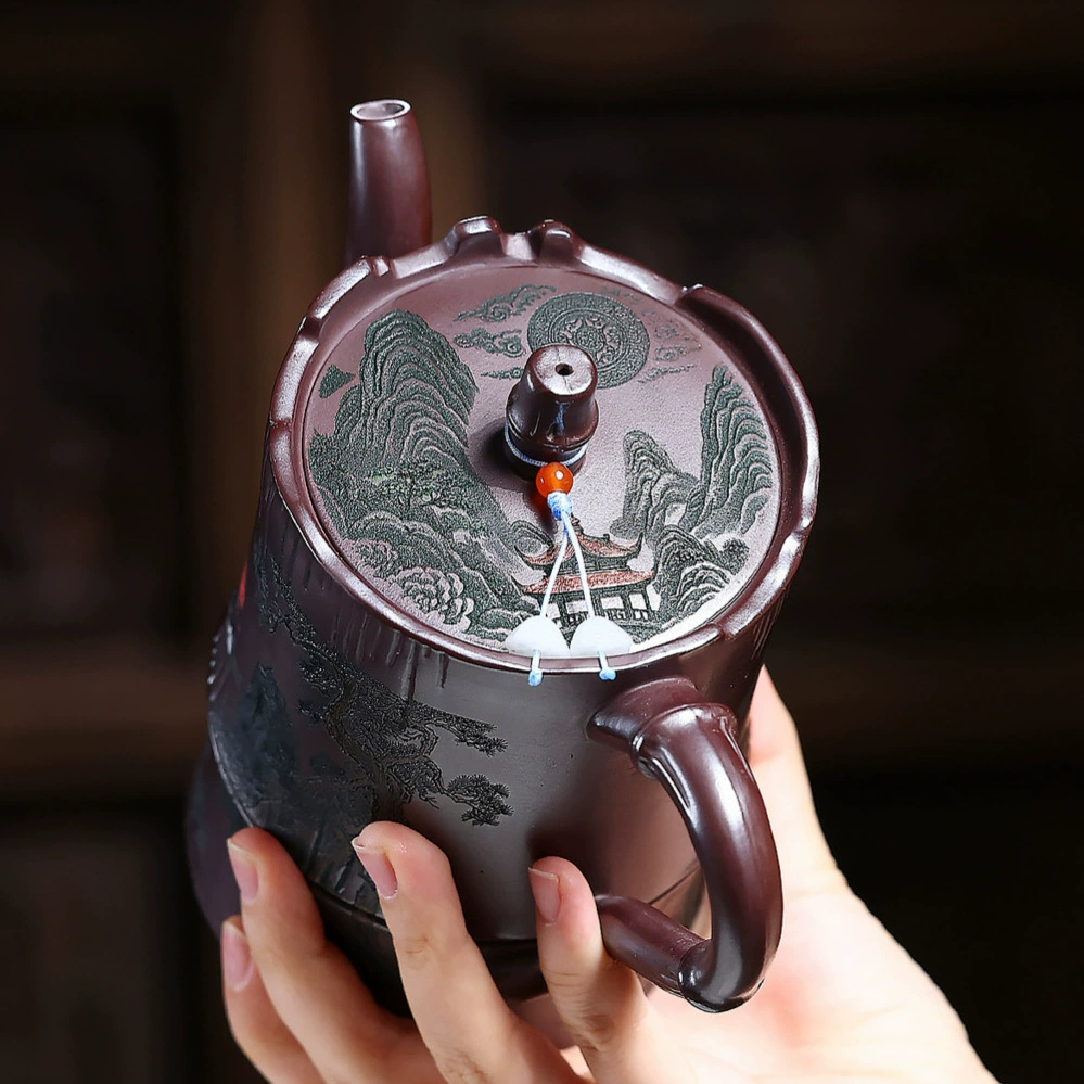Color Carved Bamboo Shaped Handmade Red Chinese Yixing Clay Teapot - Image 4