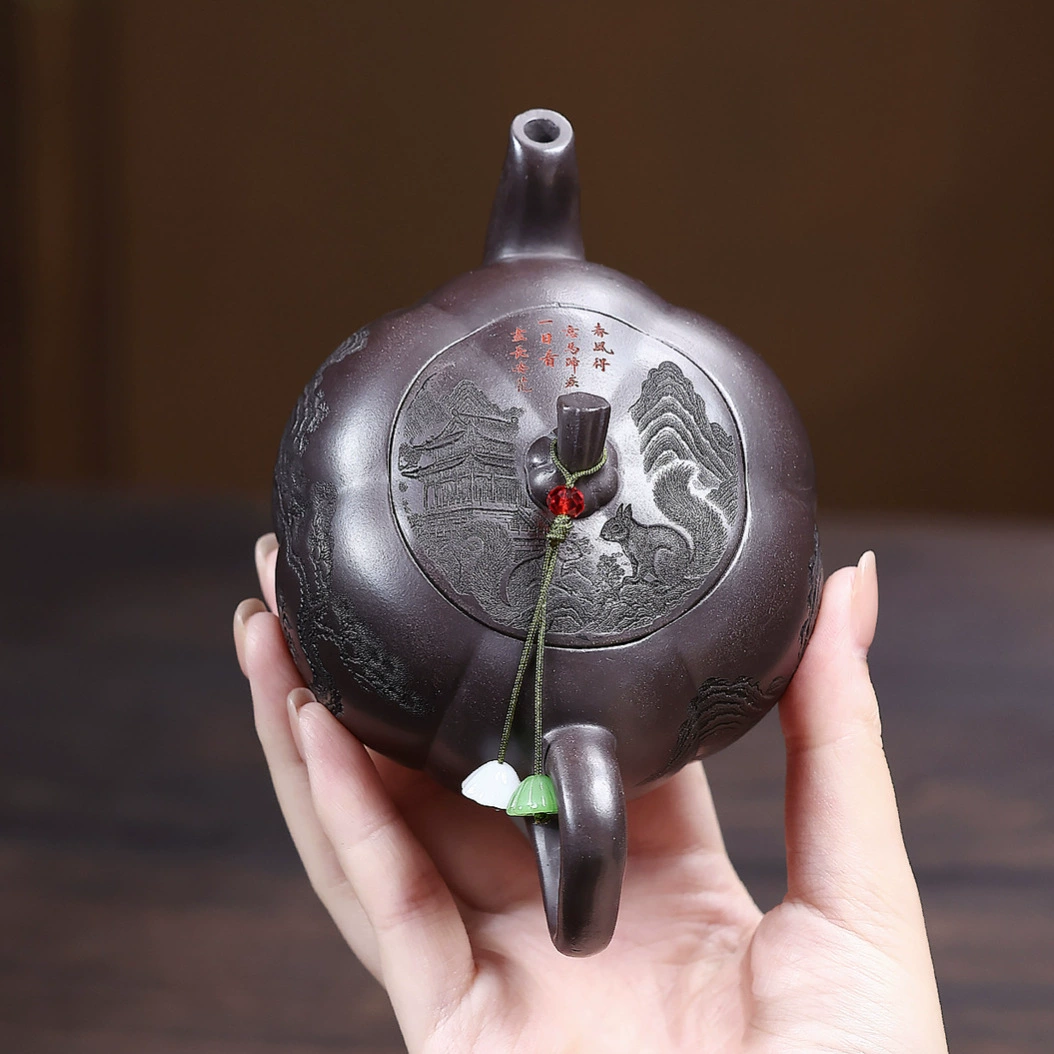 Squirrel Engraved Pumpkin Shaped Small Capacity Clay Teapot - Image 4