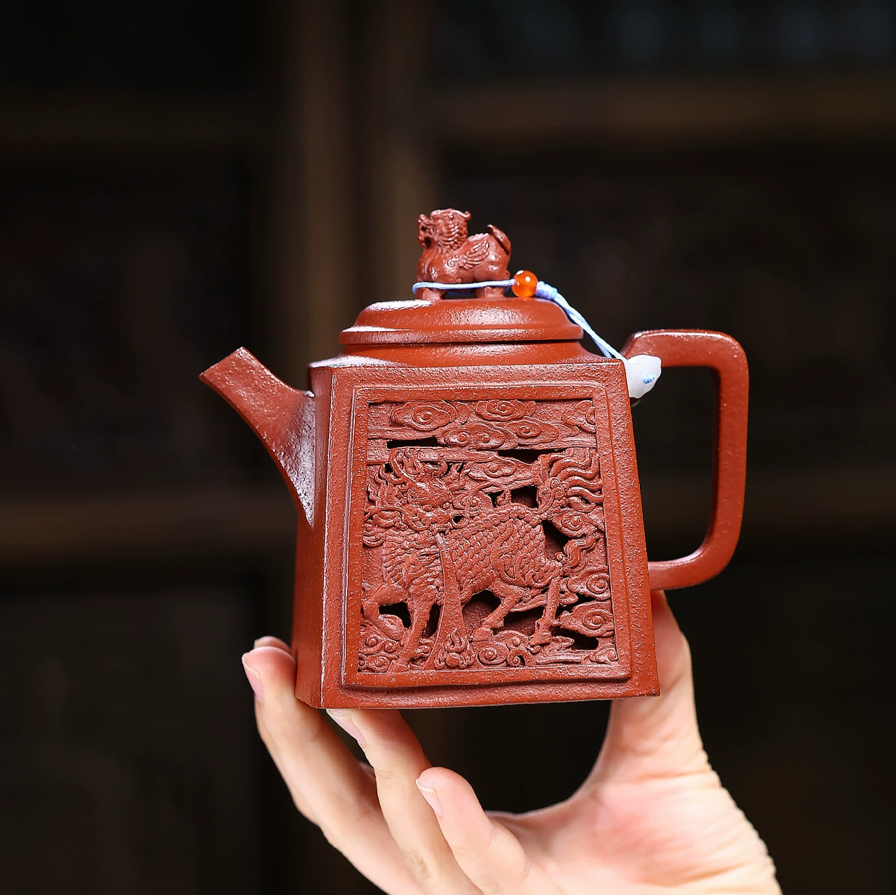 Handmade Square Qilin Pattern Chinese Yixing Clay Teapot - Image 5