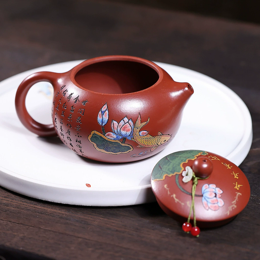 Handmade Color Carved Lotus Xishi Zisha Teapot - Image 4