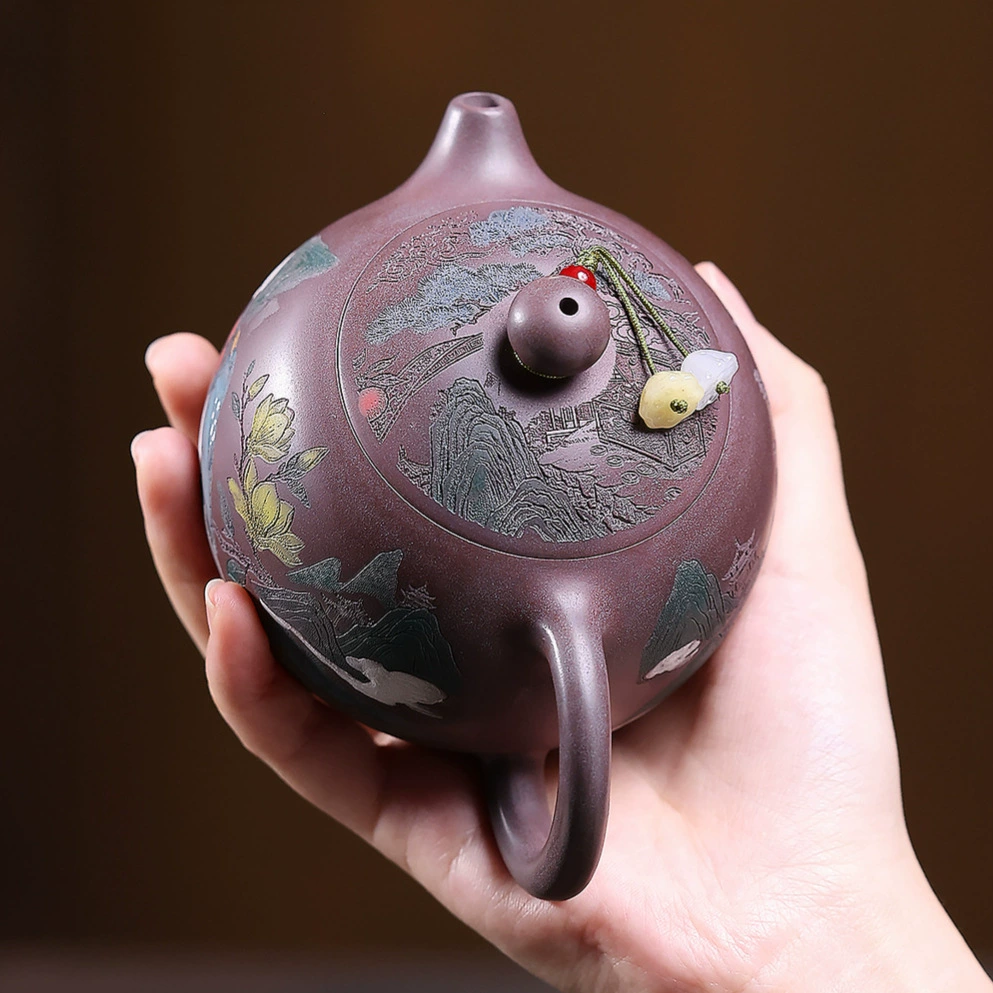 Xishi Clay Teapot Engraved with Joy Upon Plum Blossom Motif - Image 4