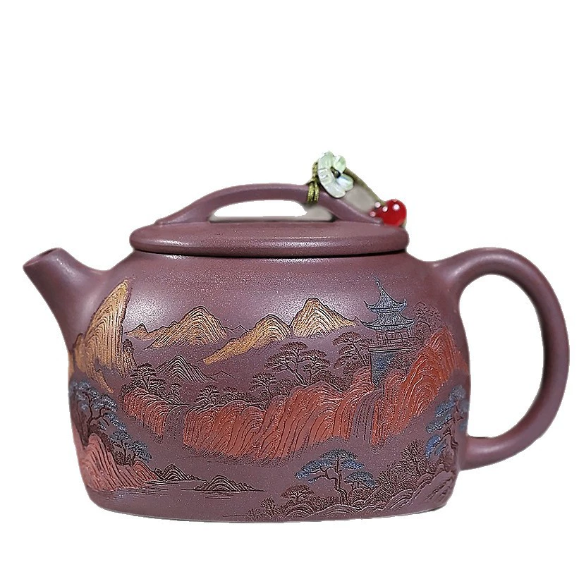 Round Tile Zisha Teapot with Color Landscape Engraving Handmade - Image 2