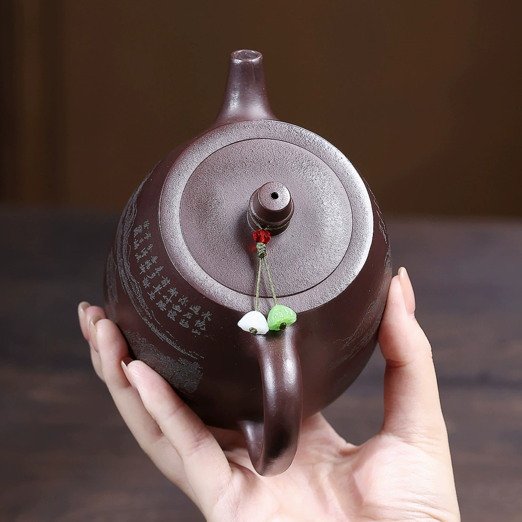 Carved Landscape Handuo Large Capacity Yixing Clay Teapot - Image 3