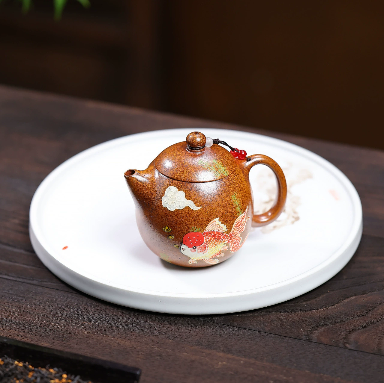 Handmade Goldfish Engraved Longdan Chinese Clay Teapot - Image 5