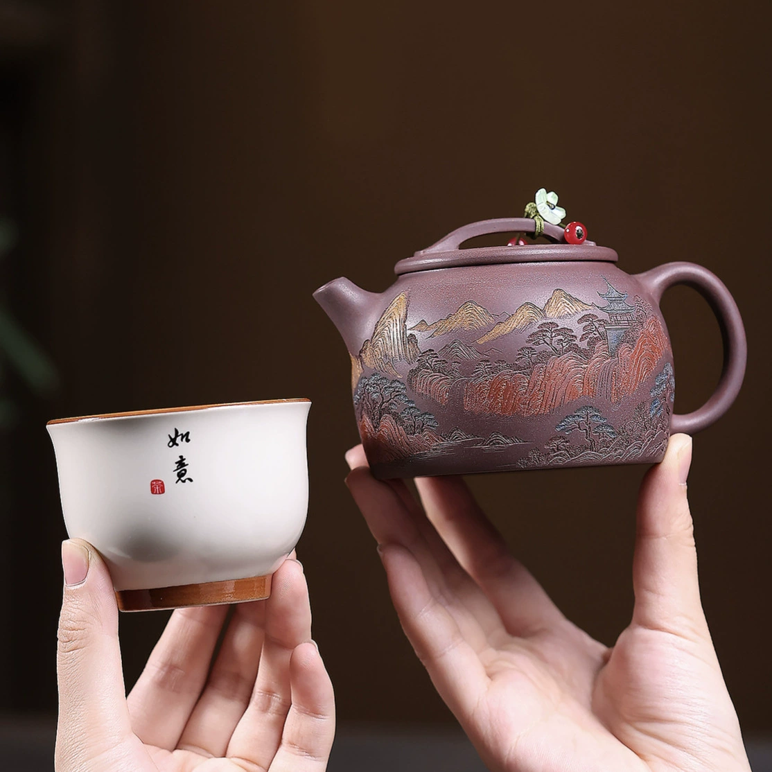 Round Tile Zisha Teapot with Color Landscape Engraving Handmade - Image 5