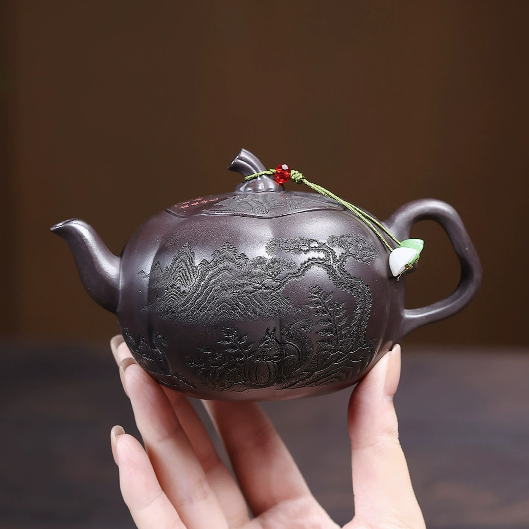 Squirrel Engraved Pumpkin Shaped Small Capacity Clay Teapot - Image 5