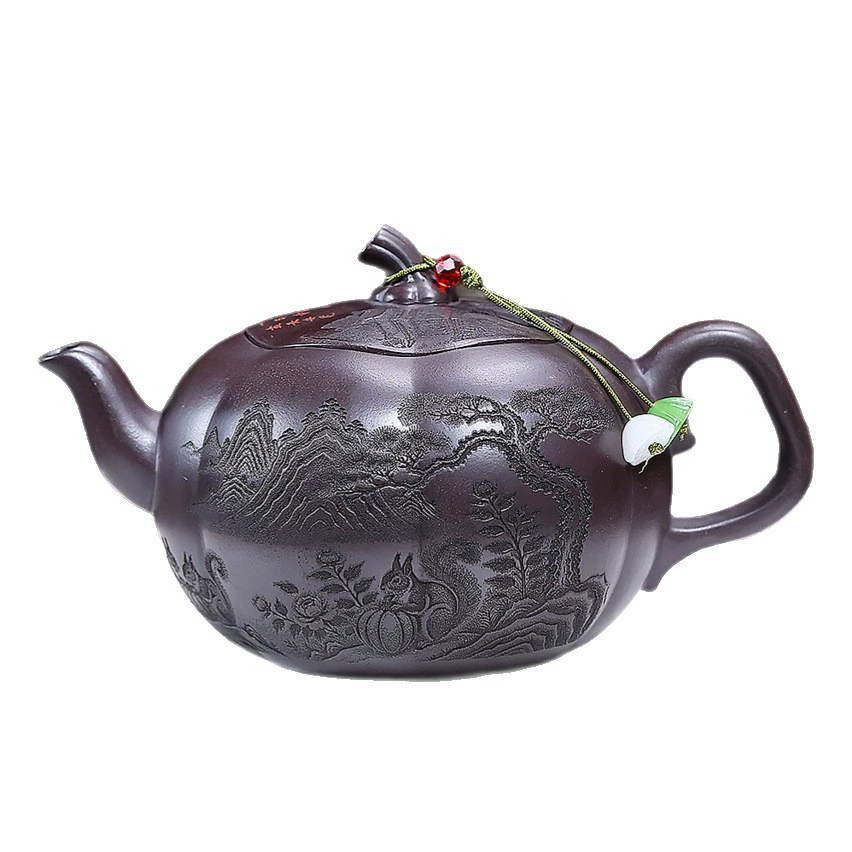 Squirrel Engraved Pumpkin Shaped Small Capacity Clay Teapot - Image 2