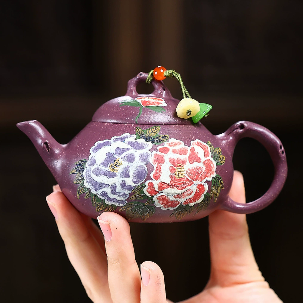Handmade Peony Pattern Pear Shaped Zisha Gongfu Teapot - Image 5