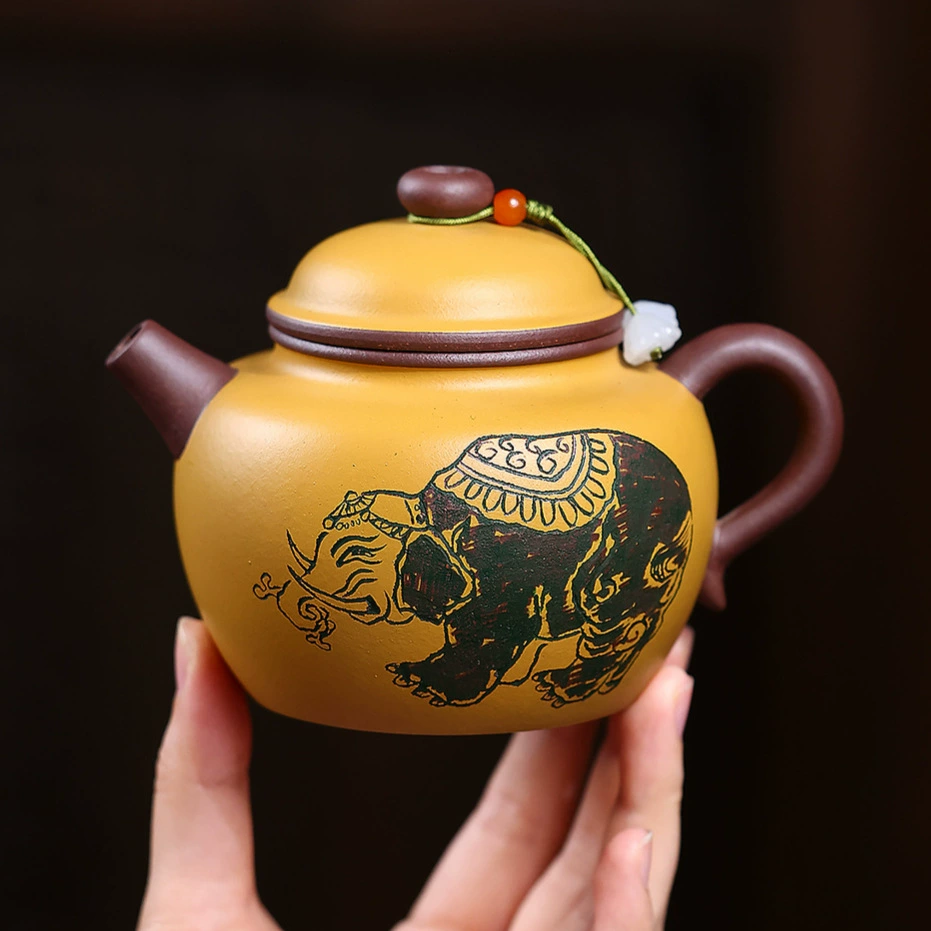 Two-tone Auspicious Ruyi Zisha Teapot Semi-handmade Elephant Carving - Image 5