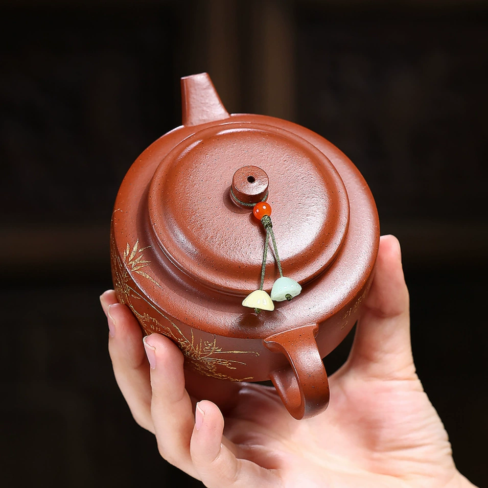 Handmade Bamboo & Stone Decorated Flat Dezhong Zisha Teapot - Image 4