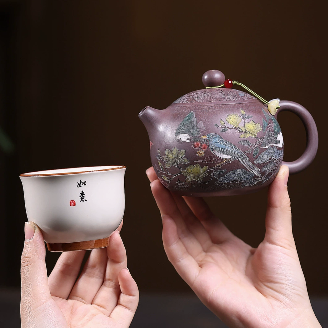 Xishi Clay Teapot Engraved with Joy Upon Plum Blossom Motif - Image 5