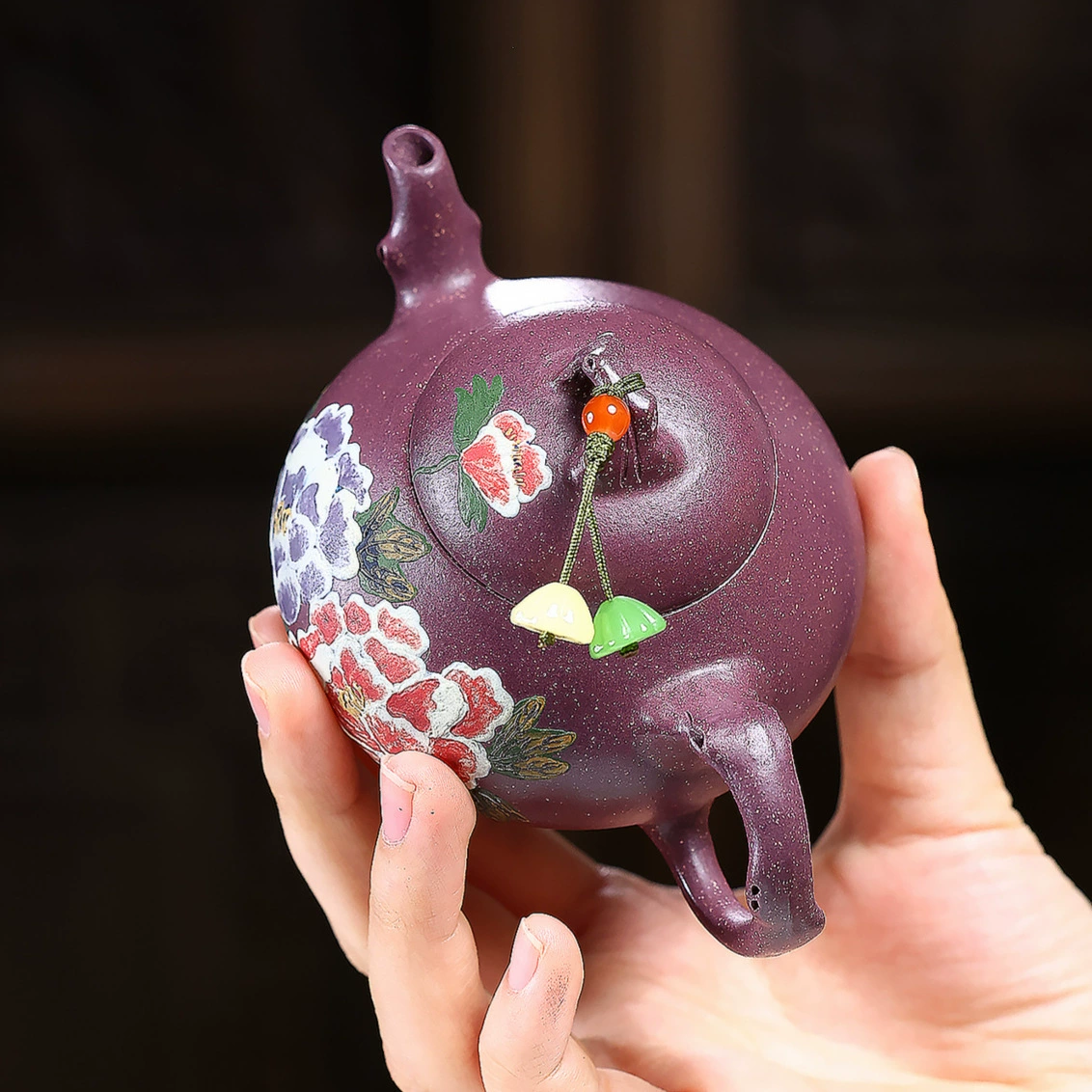 Handmade Peony Pattern Pear Shaped Zisha Gongfu Teapot - Image 4