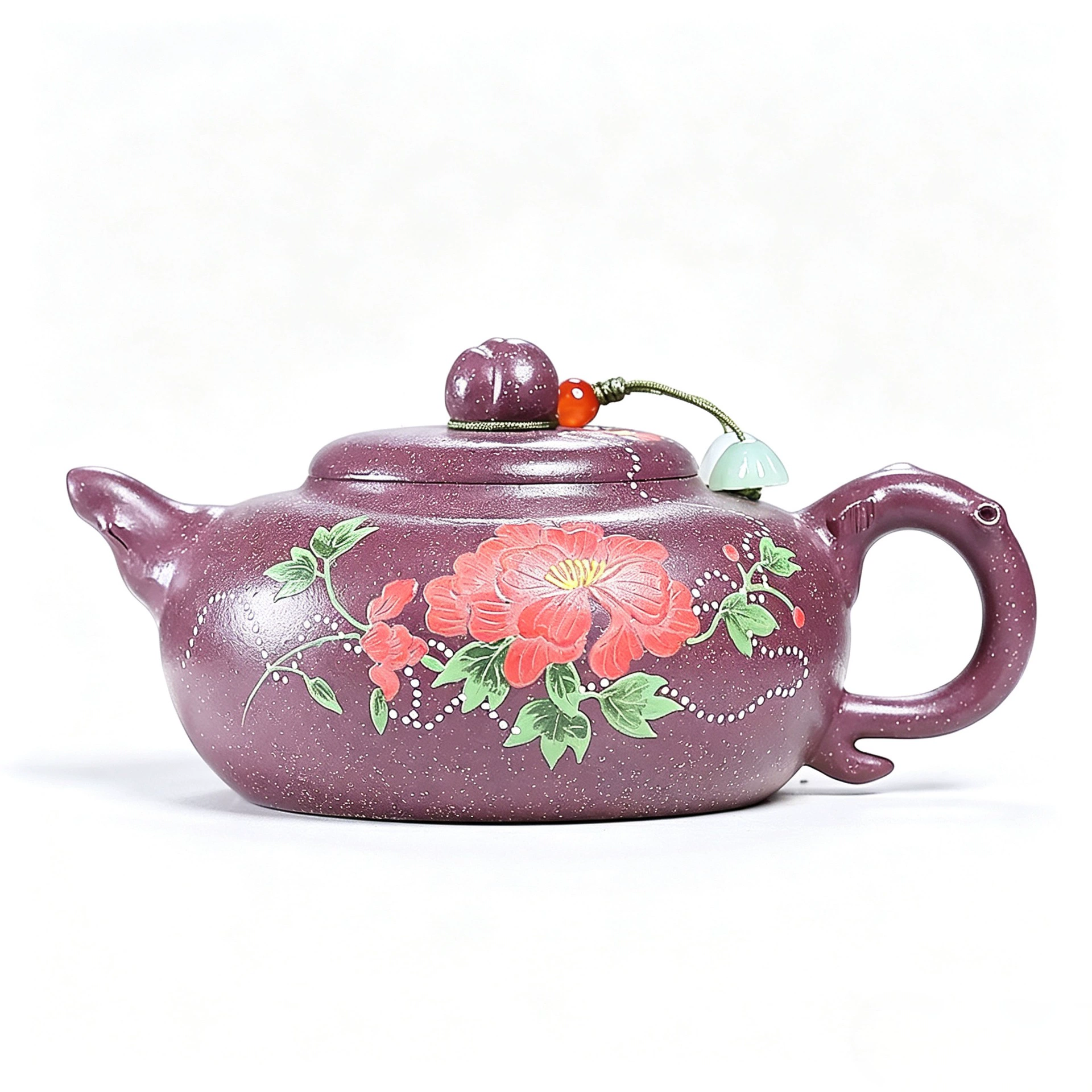 Handmade Peony Decorated Flat Persimmon Yixing Teapot - Image 2