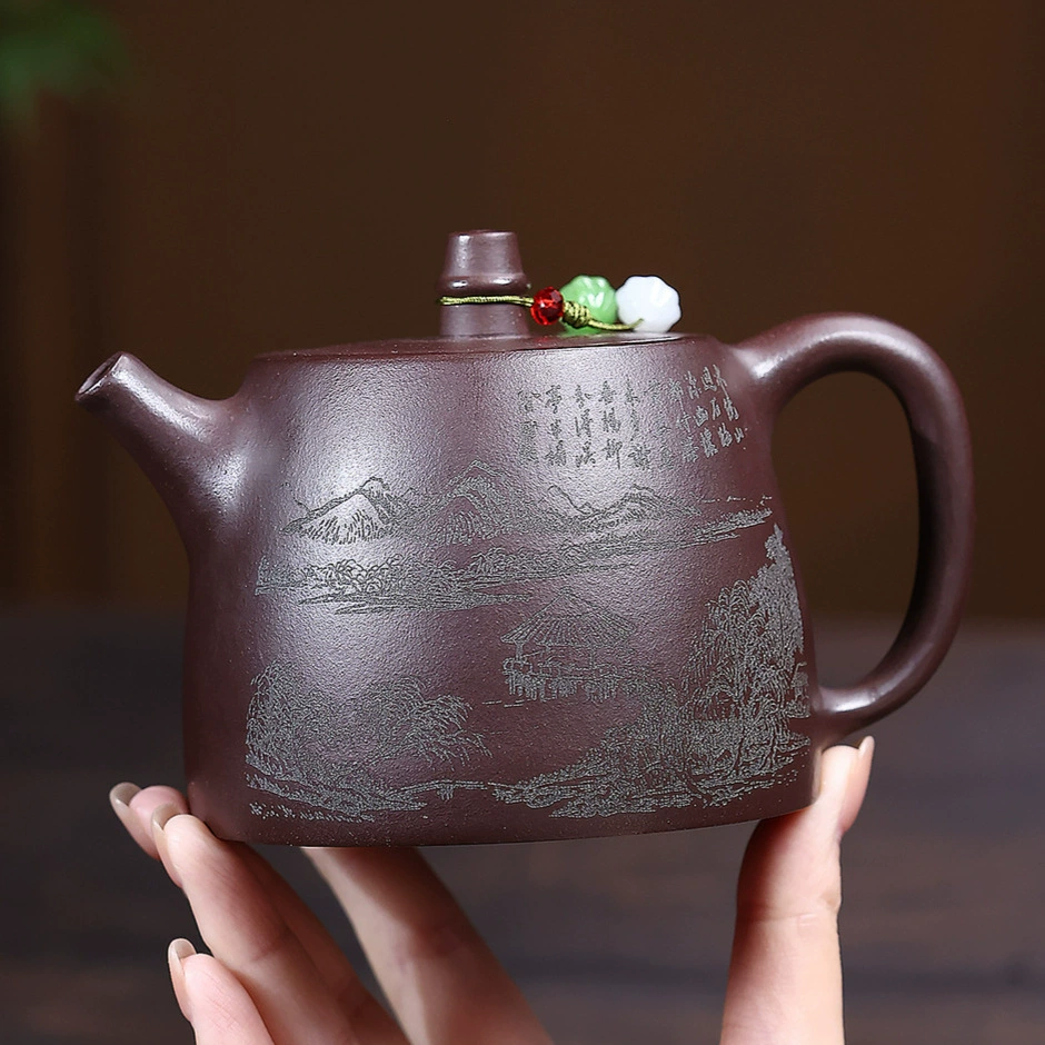 Carved Landscape Handuo Large Capacity Yixing Clay Teapot - Image 5
