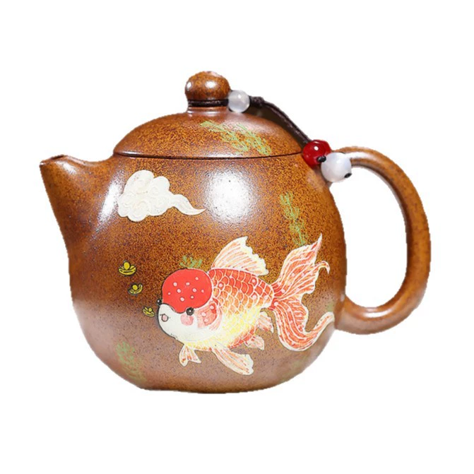 Handmade Goldfish Engraved Longdan Chinese Clay Teapot - Image 2