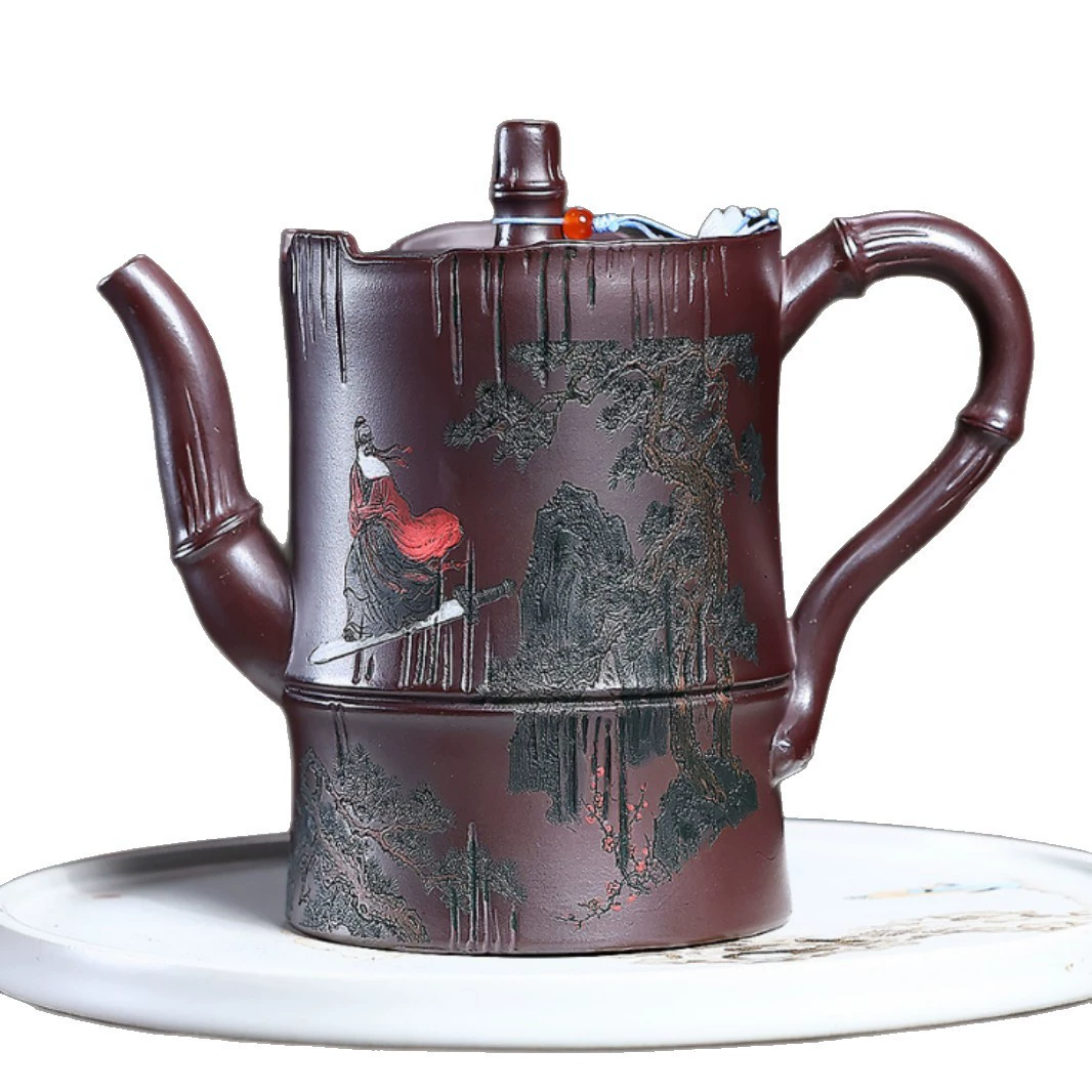 Color Carved Bamboo Shaped Handmade Red Chinese Yixing Clay Teapot - Image 2