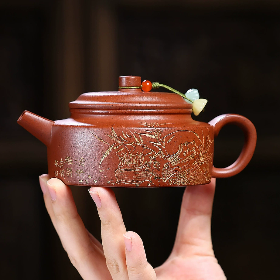 Handmade Bamboo & Stone Decorated Flat Dezhong Zisha Teapot - Image 5