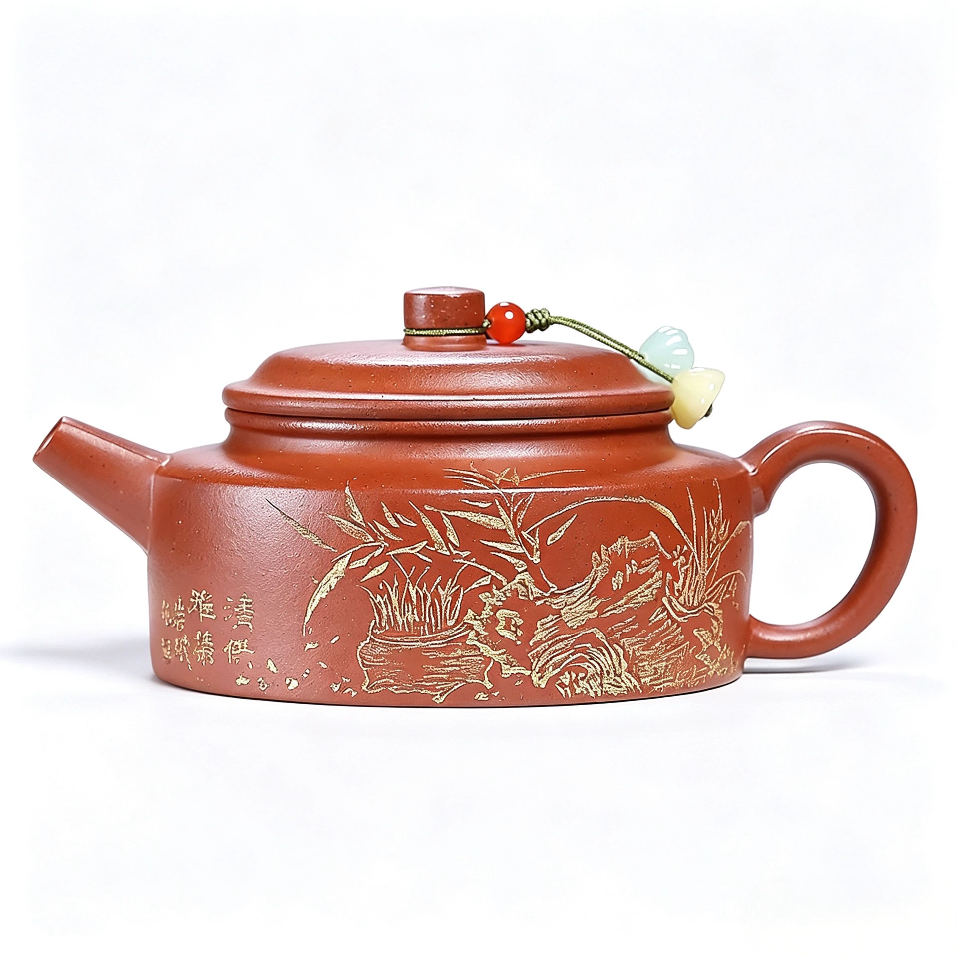 Handmade Bamboo & Stone Decorated Flat Dezhong Zisha Teapot - Image 2