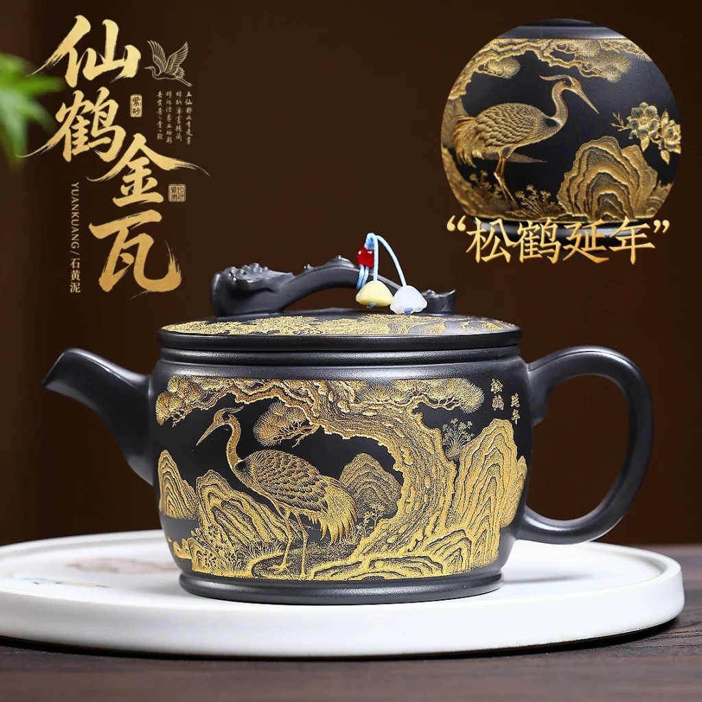 Handmade Crane Engraved Jinwa Large‑Capacity Clay Teapot Chinese