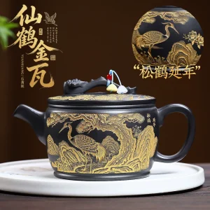 Handmade Crane Engraved Jinwa Large‑Capacity Clay Teapot Chinese