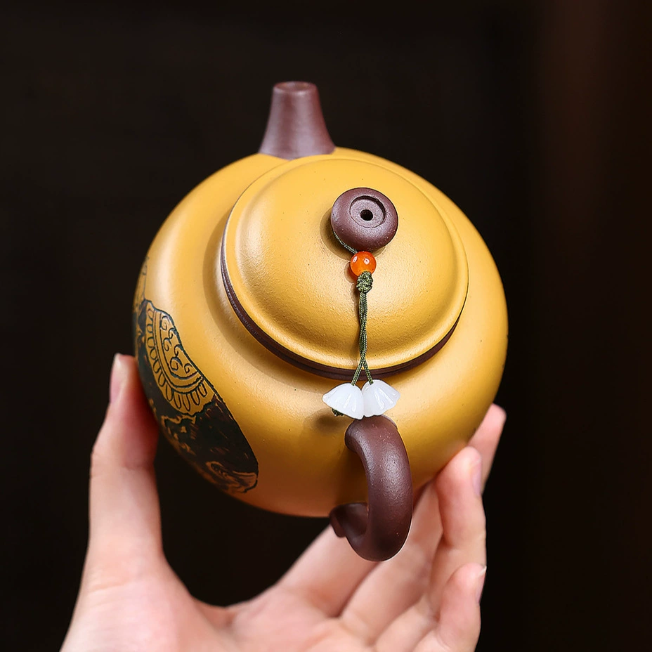 Two-tone Auspicious Ruyi Zisha Teapot Semi-handmade Elephant Carving - Image 4