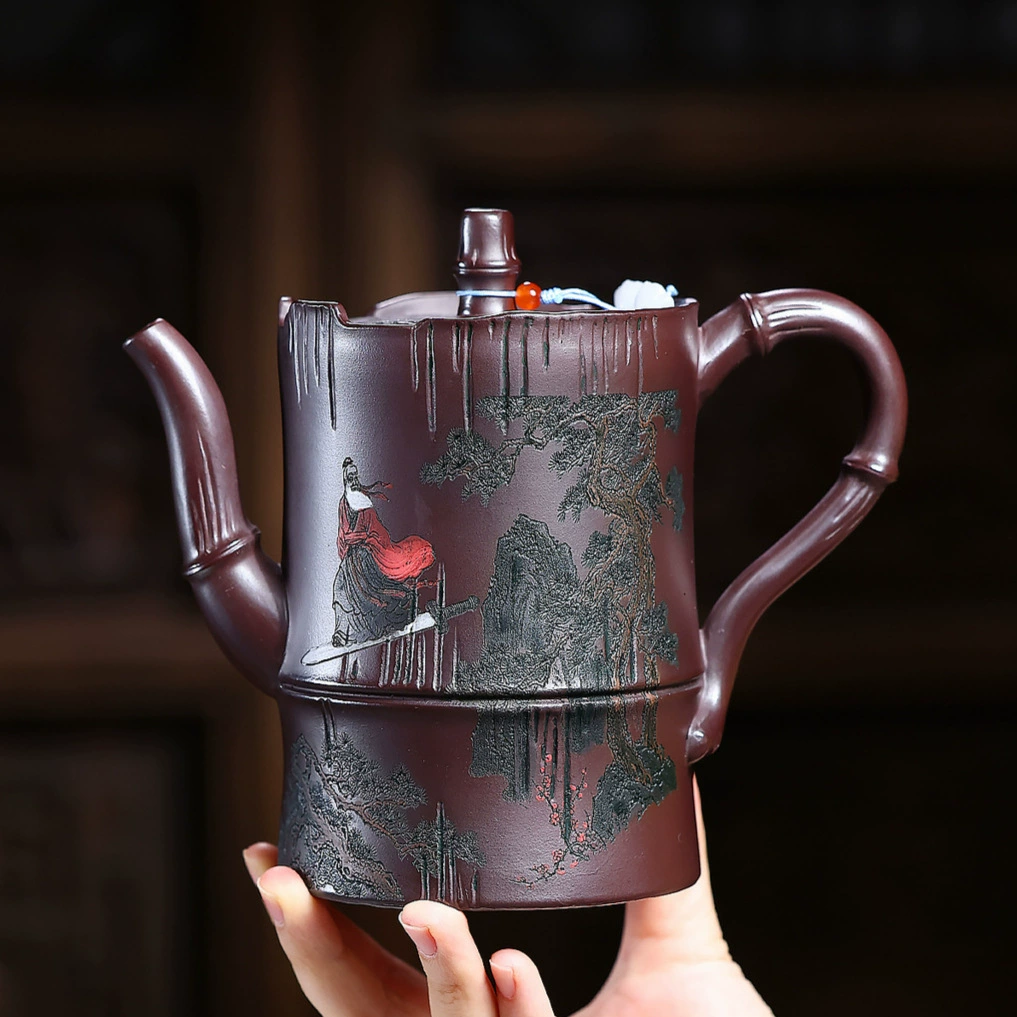 Color Carved Bamboo Shaped Handmade Red Chinese Yixing Clay Teapot - Image 5