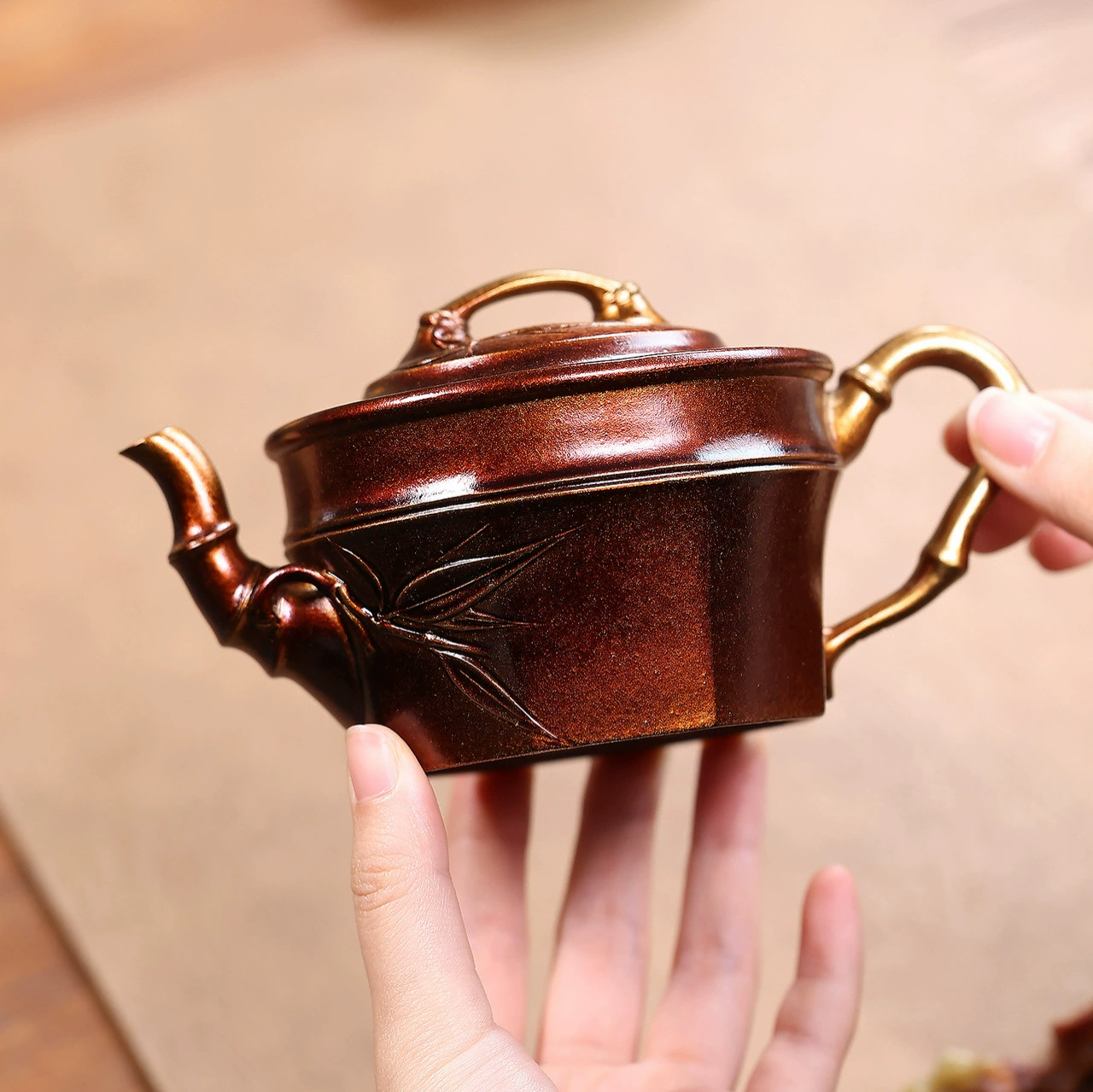 Handmade Shell‑Fired Bamboo Segment Yixing Clay Teapot - Image 4