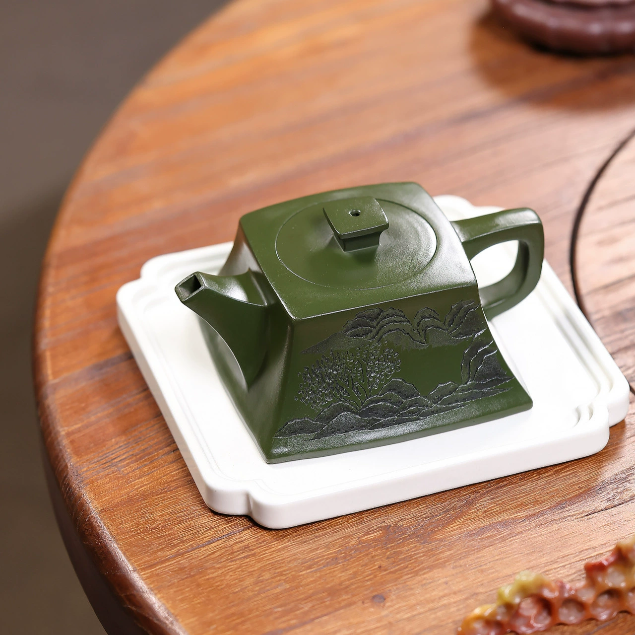 Raw Green Clay Semi Handmade Square Zisha Teapot - Image 4
