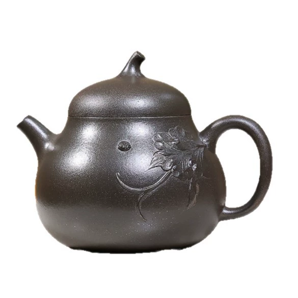 Handmade Wood Fired Clay Teapot Maple Leaf Eggplant Design