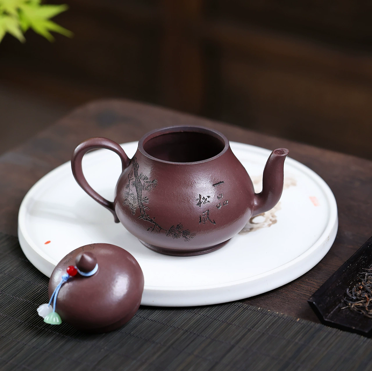 Handcrafted Pine Engraved Siting Clay teapot - Image 3