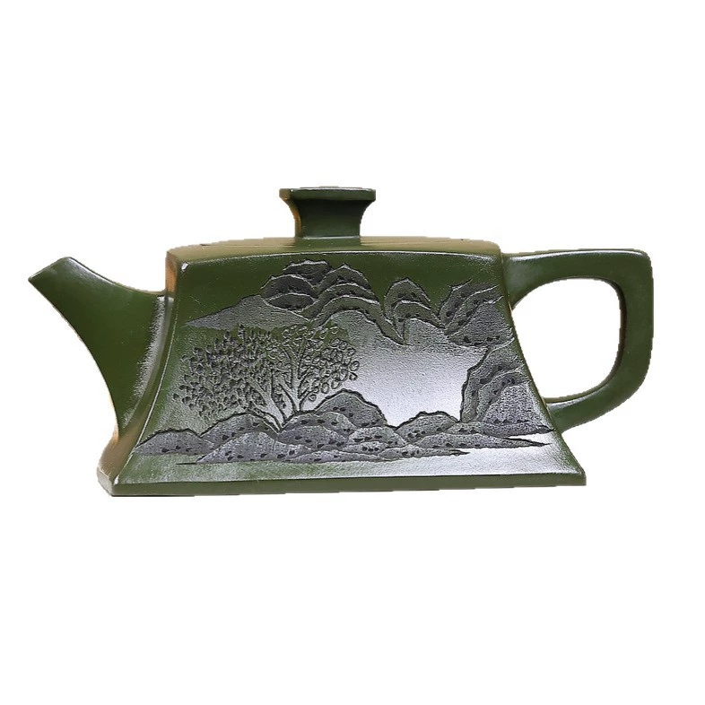 Raw Green Clay Semi Handmade Square Zisha Teapot