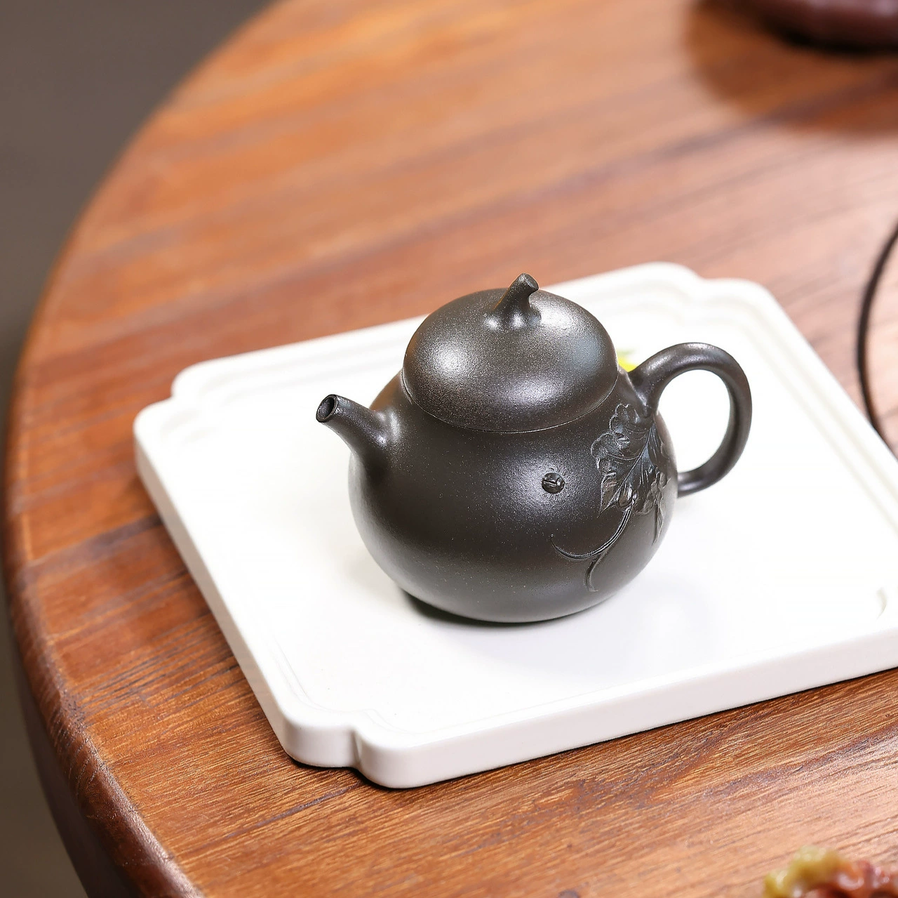 Handmade Wood Fired Clay Teapot Maple Leaf Eggplant Design - Image 4