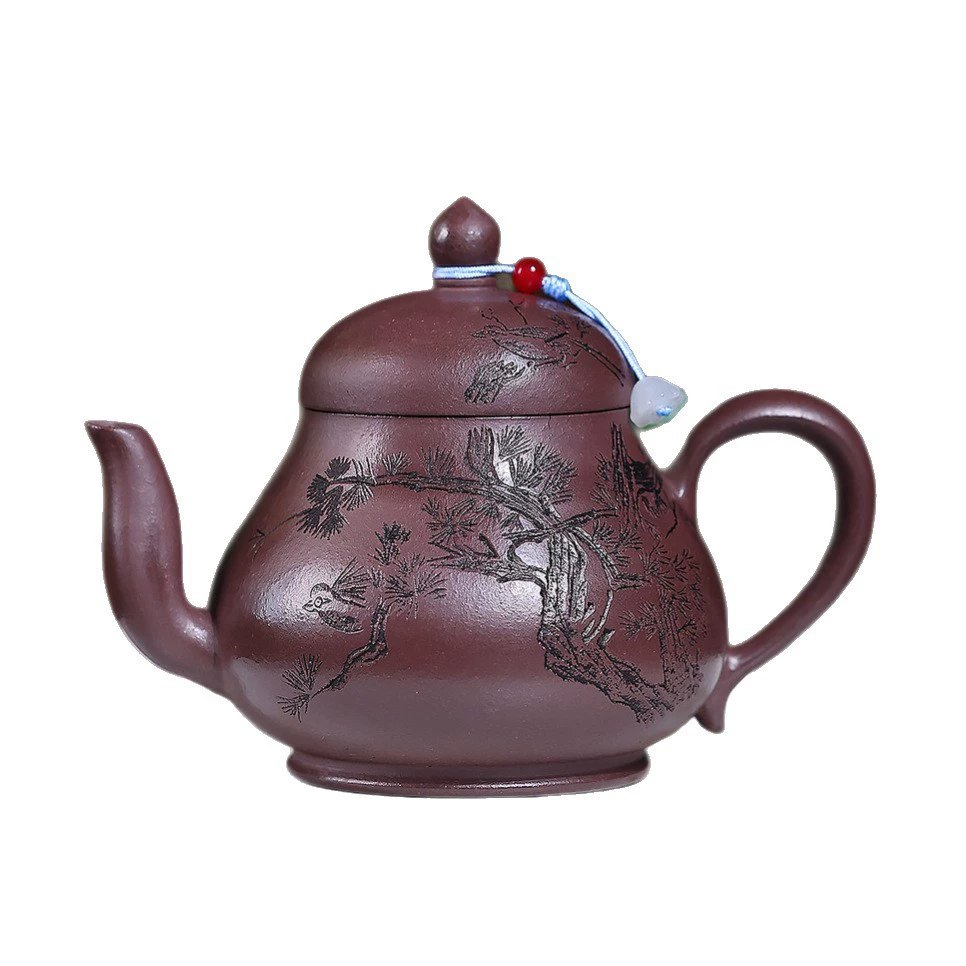 Handcrafted Pine Engraved Siting Clay teapot