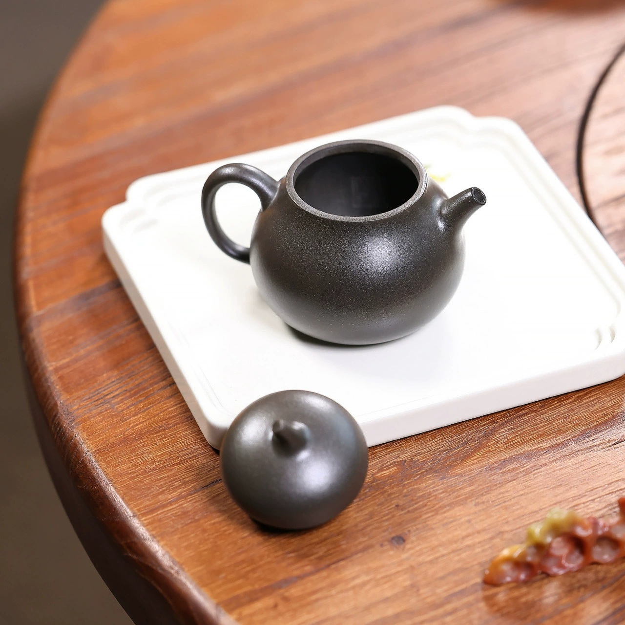 Handmade Wood Fired Clay Teapot Maple Leaf Eggplant Design - Image 3
